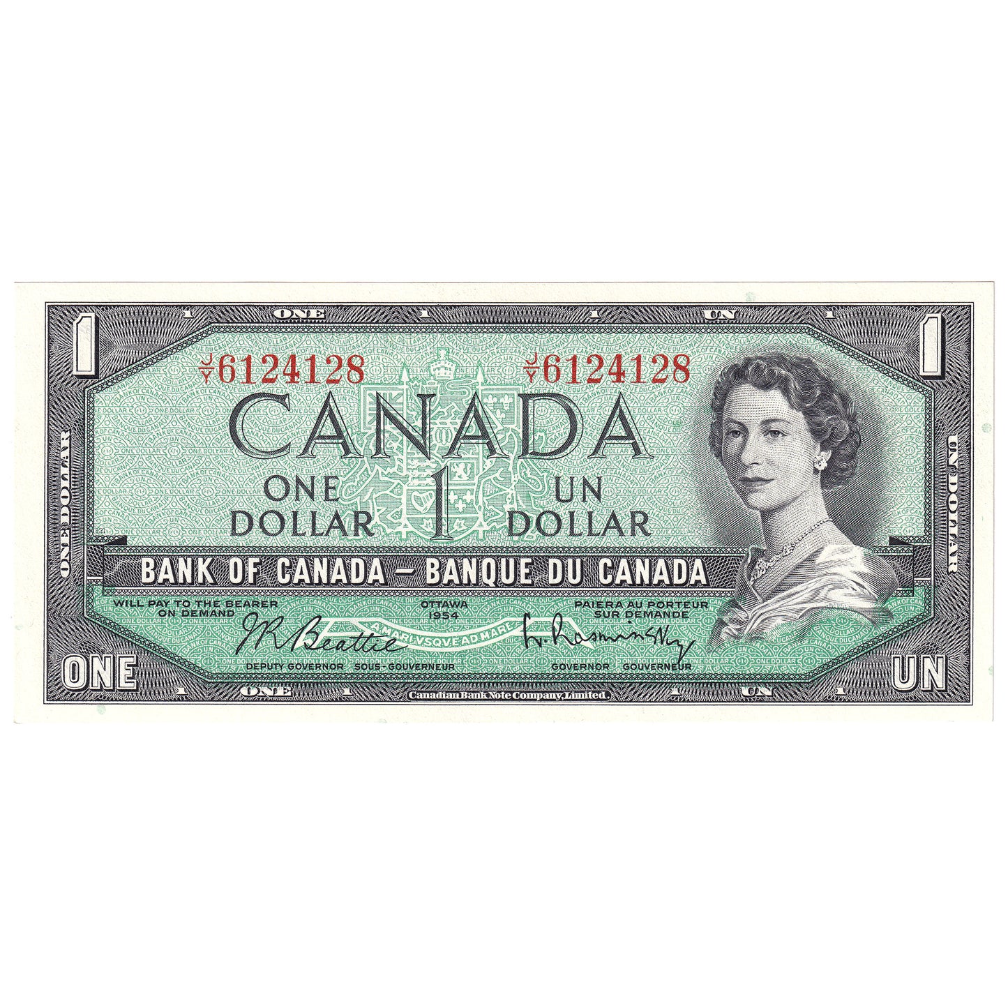 BC-37b 1954 Canada $1 Beattie-Rasminsky, J/Y, Uncirculated (MS60)