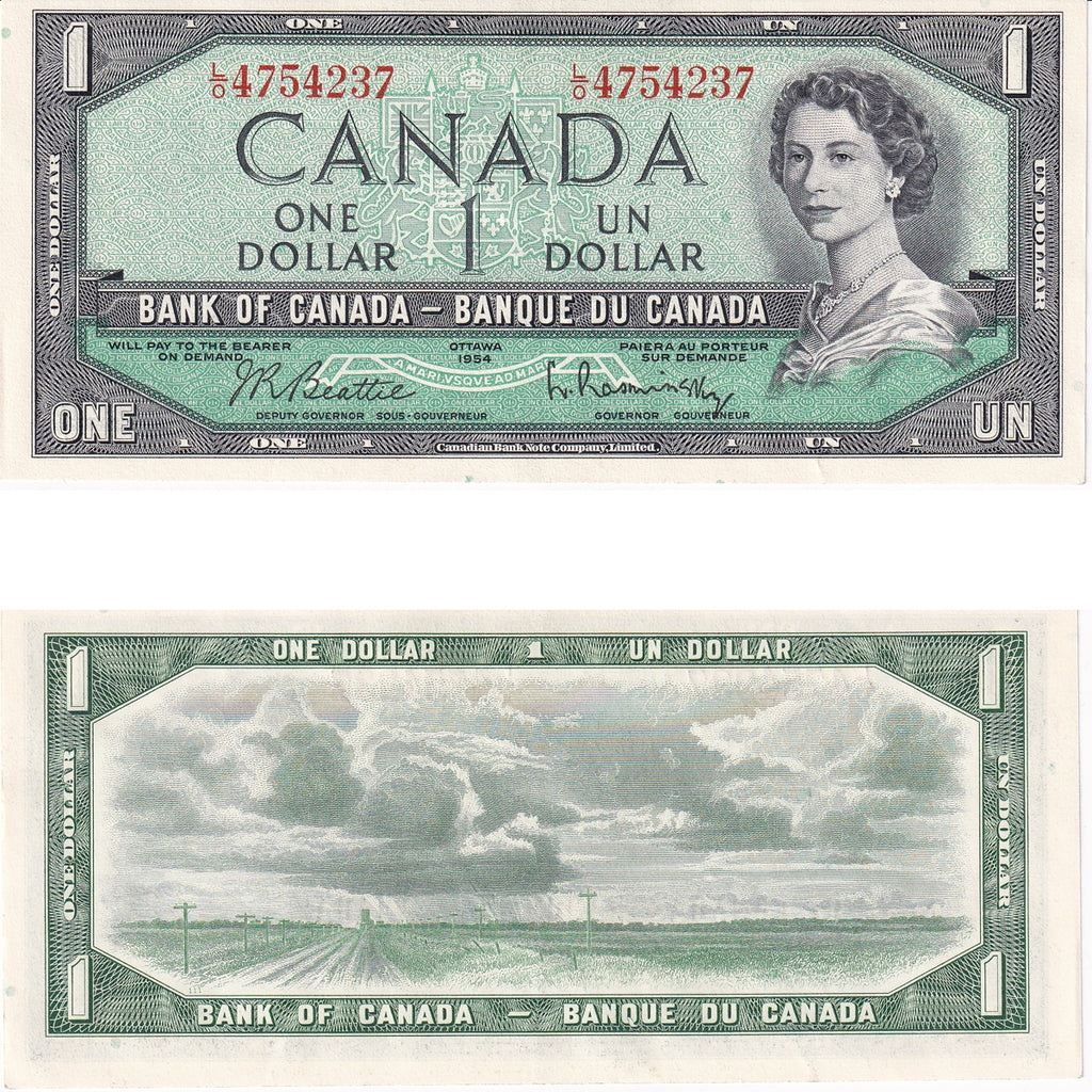 BC-37b 1954 Canada $1 Beattie-Rasminsky, L/O, Almost Uncirculated (AU50)