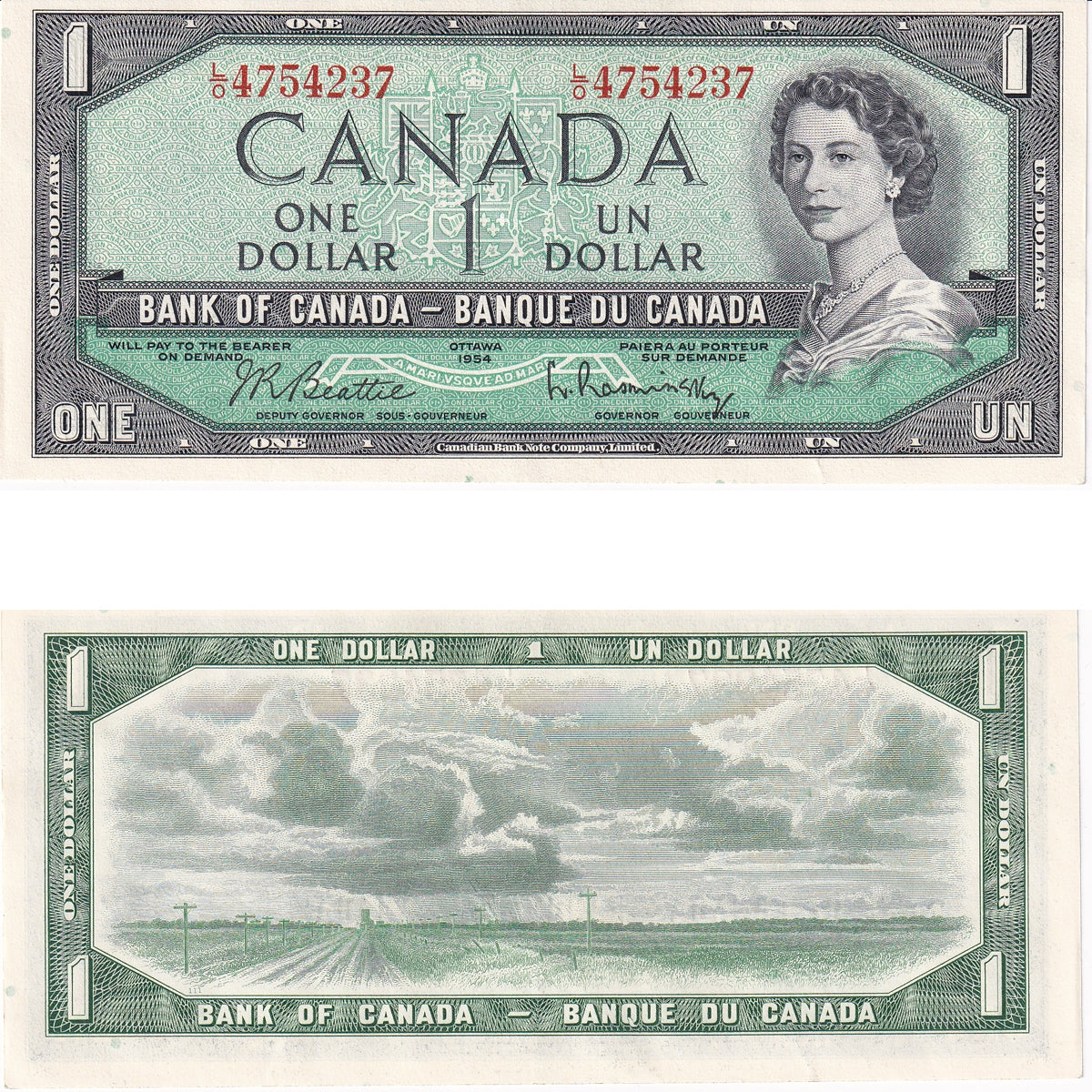 BC-37b 1954 Canada $1 Beattie-Rasminsky, L/O, Almost Uncirculated (AU50)