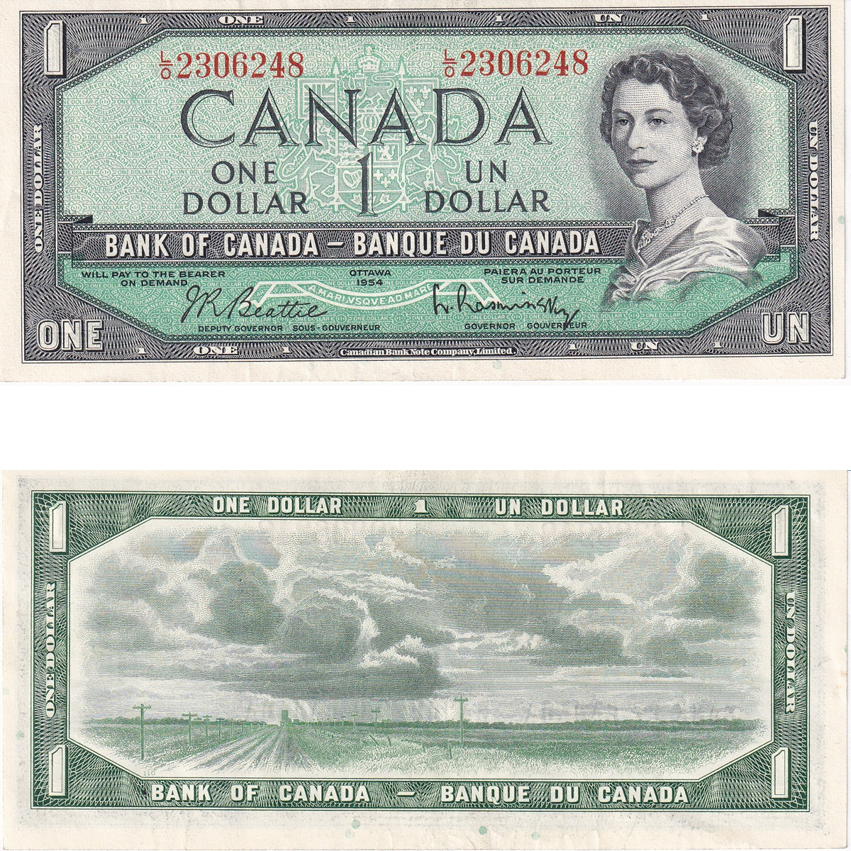 BC-37b 1954 Canada $1 Beattie-Rasminsky, L/O, AU-UNC (AU55)