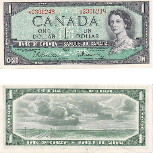 BC-37b 1954 Canada $1 Beattie-Rasminsky, L/O, AU-UNC