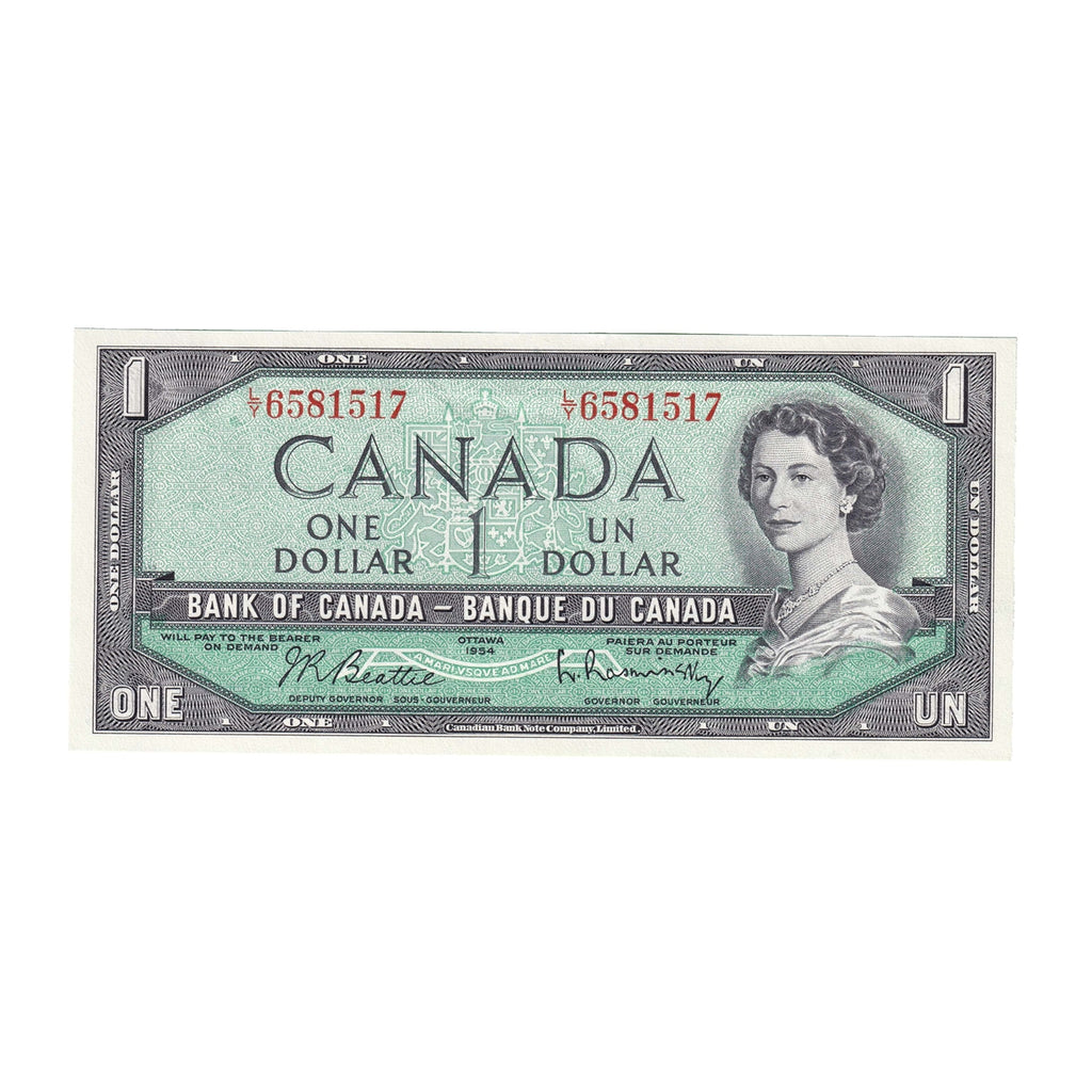 BC-37b 1954 Canada $1 Beattie-Rasminsky, L/Y, AU-UNC (AU55)