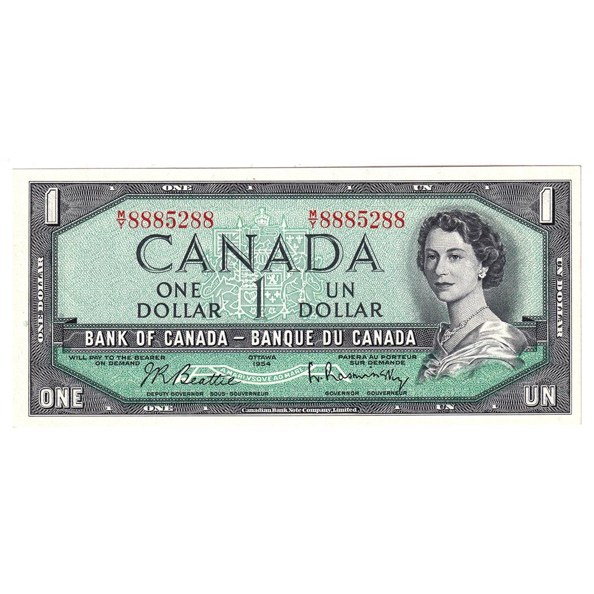BC-37b 1954 Canada $1 Beattie-Rasminsky, M/Y, Choice Uncirculated (CUNC63)