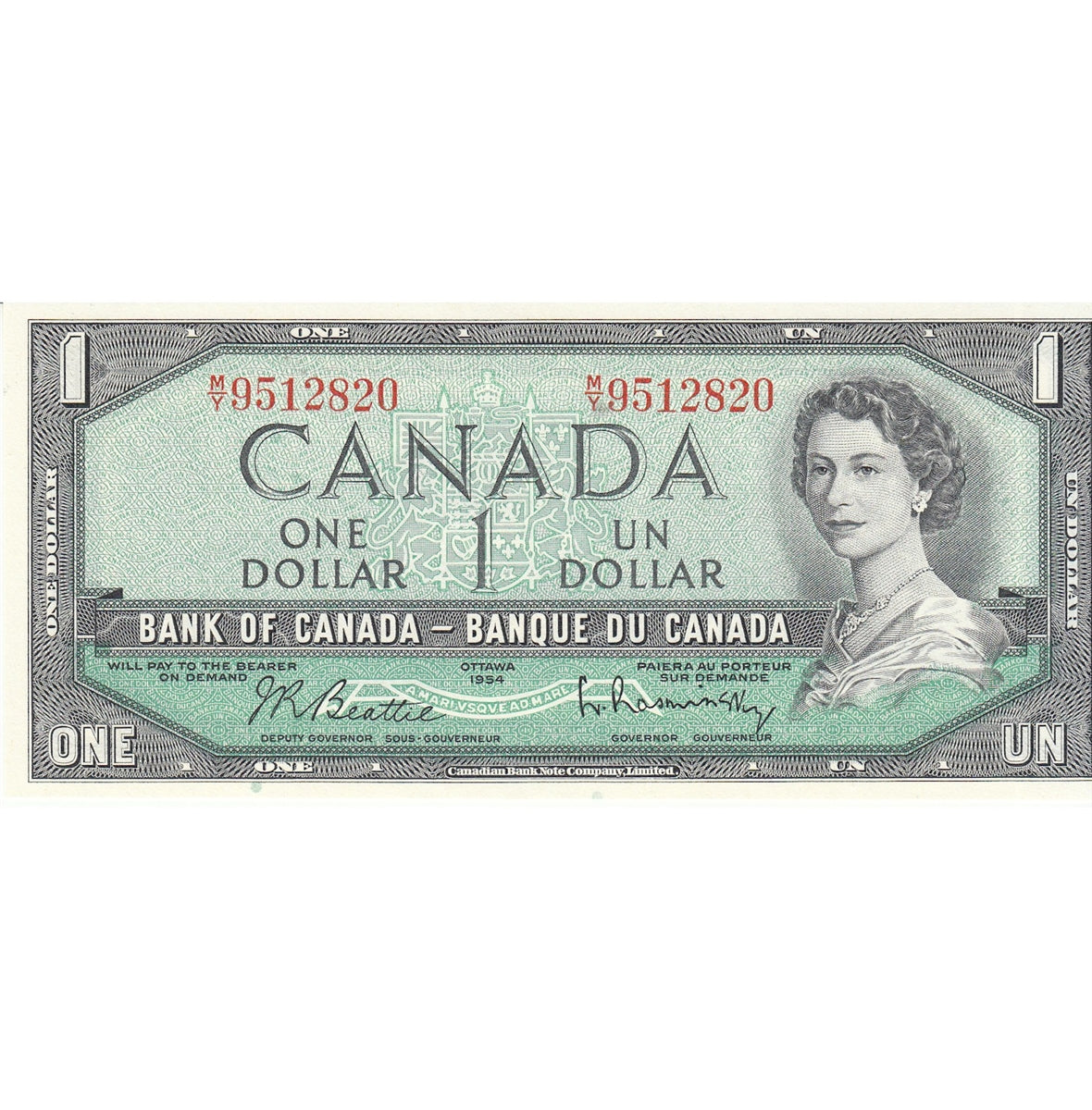 BC-37b 1954 Canada $1 Beattie-Rasminsky, M/Y, Uncirculated (MS60)