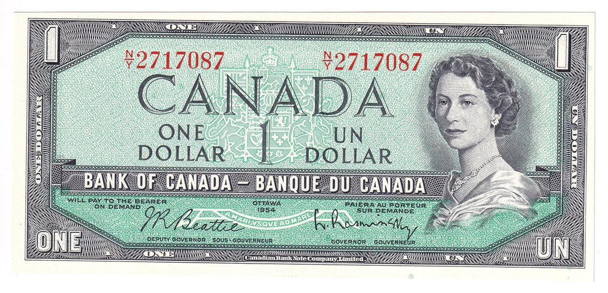 BC-37b 1954 Canada $1 Beattie-Rasminsky, N/Y, Uncirculated (MS60)