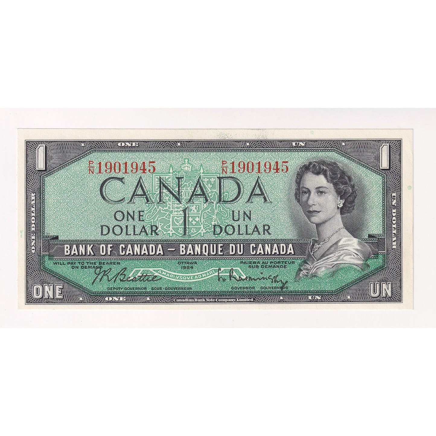 BC-37b 1954 Canada $1 Beattie-Rasminsky, P/N, Choice Uncirculated (CUNC63)