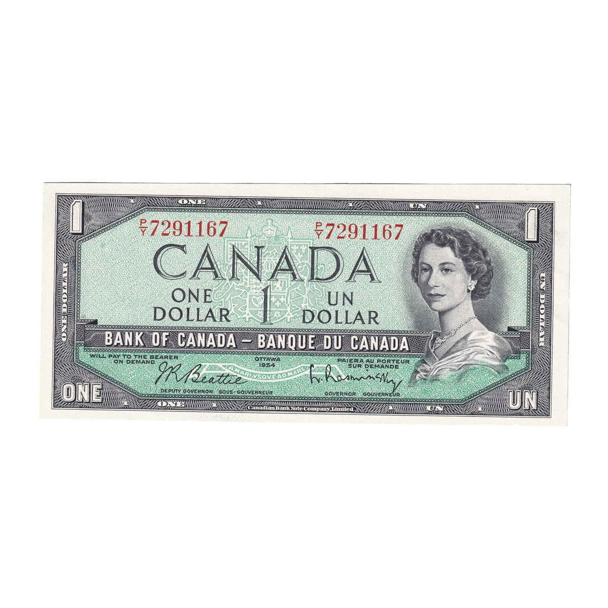 BC-37b 1954 Canada $1 Beattie-Rasminsky, P/Y, Choice Uncirculated (CUNC63)