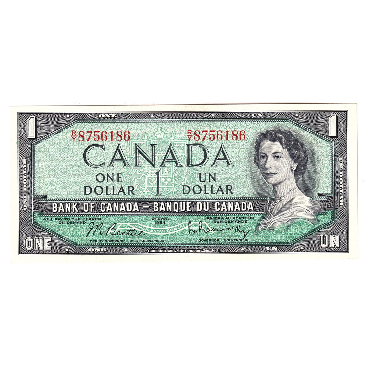 BC-37b 1954 Canada $1 Beattie-Rasminsky, R/Y, Uncirculated (MS60)