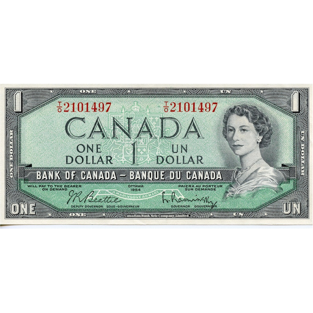 BC-37b 1954 Canada $1 Beattie-Rasminsky, T/O, Almost Uncirculated (AU50)