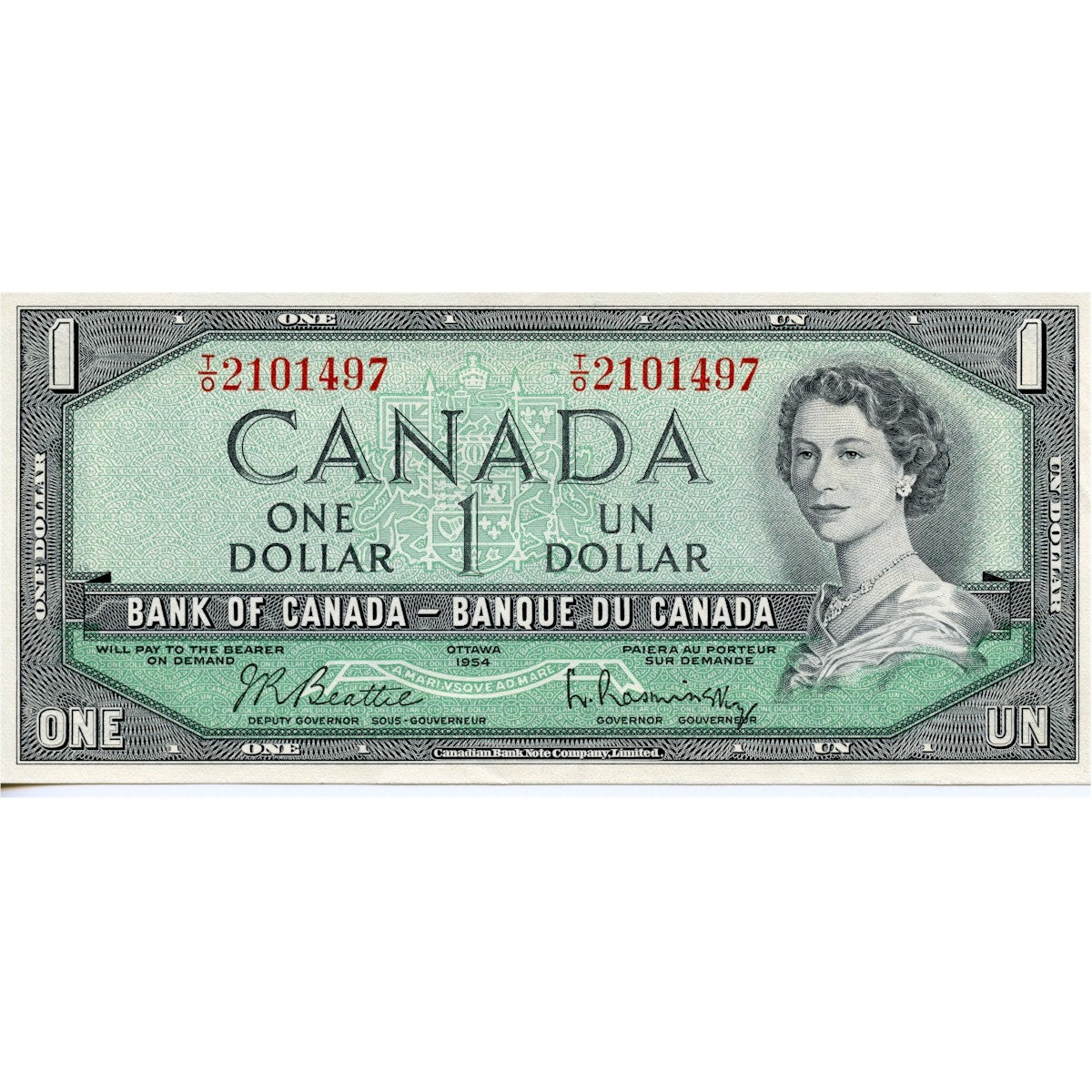 BC-37b 1954 Canada $1 Beattie-Rasminsky, T/O, Almost Uncirculated (AU50)