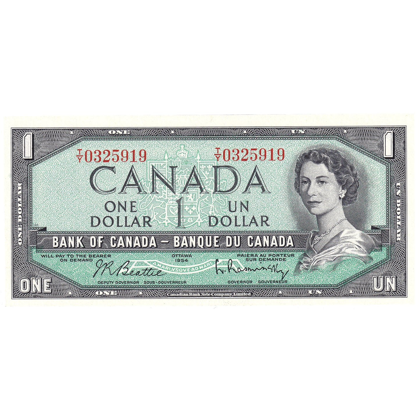 BC-37b 1954 Canada $1 Beattie-Rasminsky, T/Y, Uncirculated (MS60)