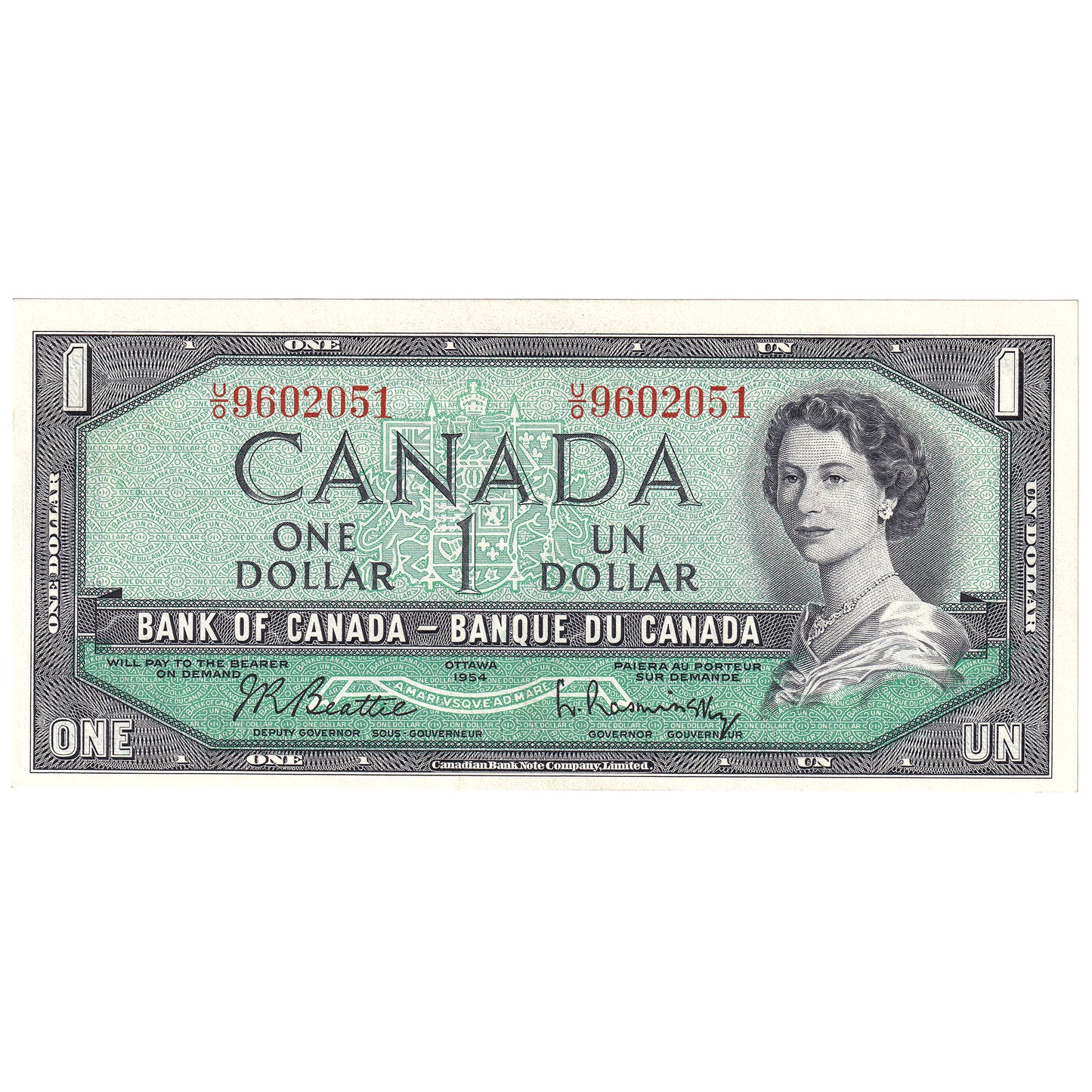 BC-37b 1954 Canada $1 Beattie-Rasminsky, U/O, AU-UNC (AU55)