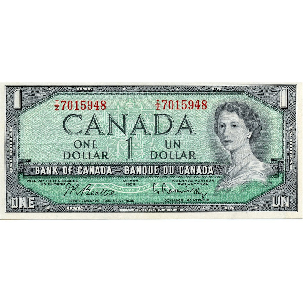 BC-37b 1954 Canada $1 Beattie-Rasminsky, U/Y, AU-UNC (AU55)