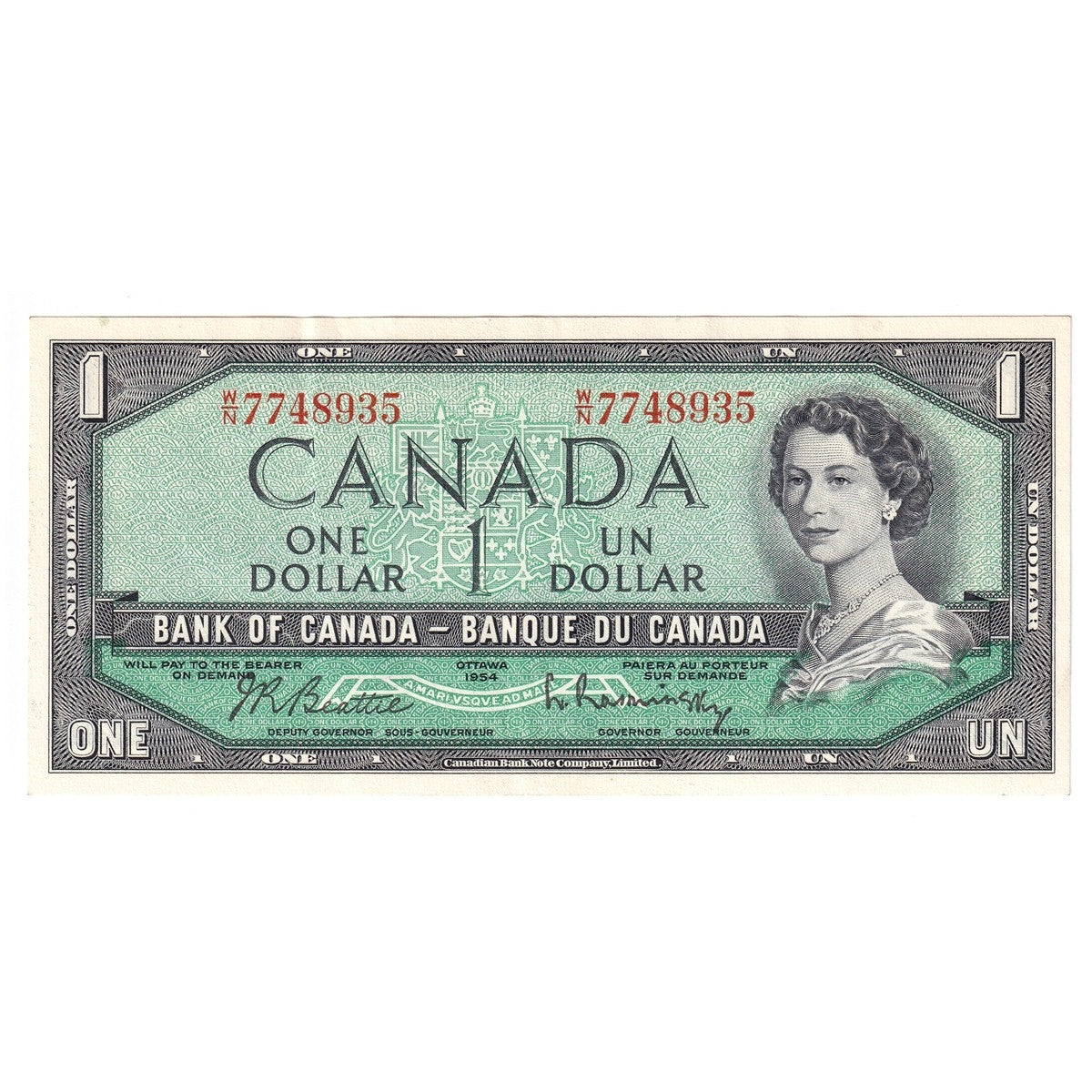 BC-37b 1954 Canada $1 Beattie-Rasminsky, W/N w/o FPN, VF-EF (VF30)