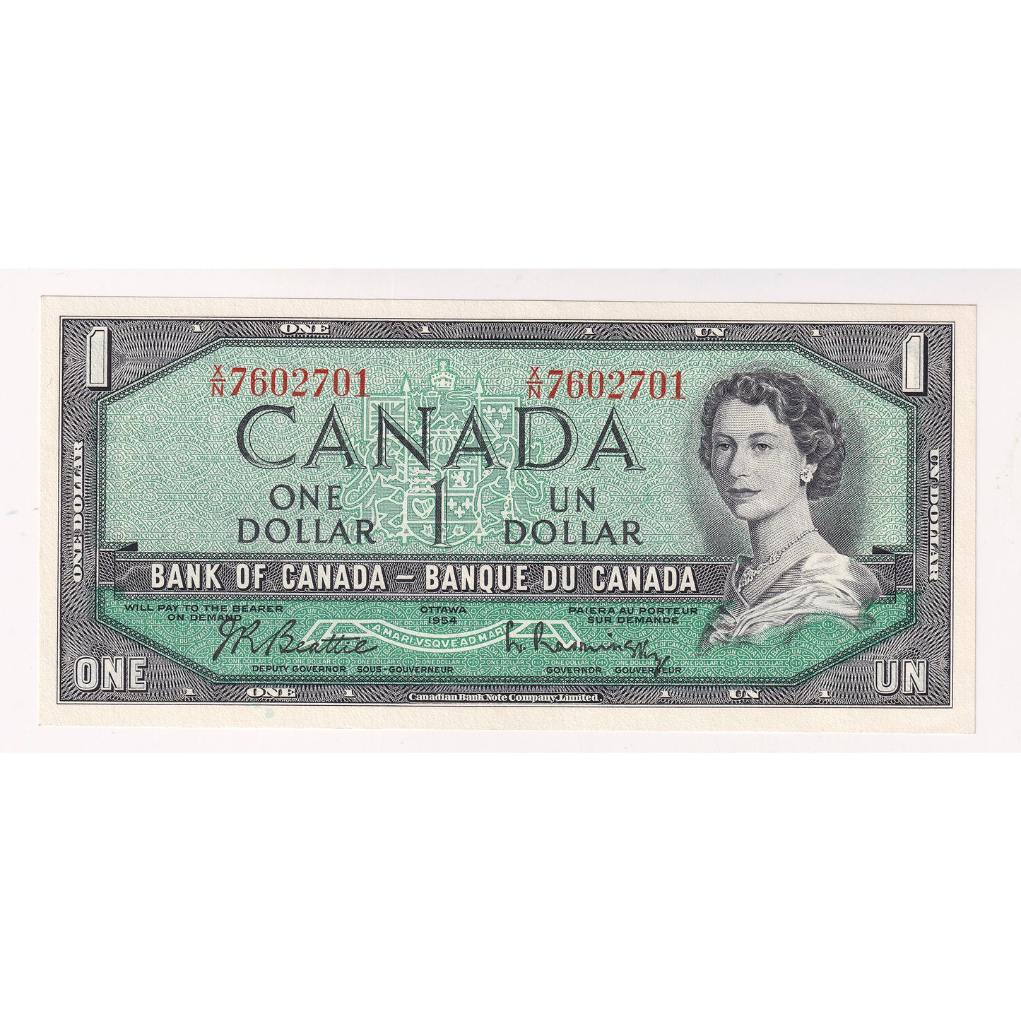 BC-37b 1954 Canada $1 Beattie-Rasminsky, X/N, Uncirculated (MS60)