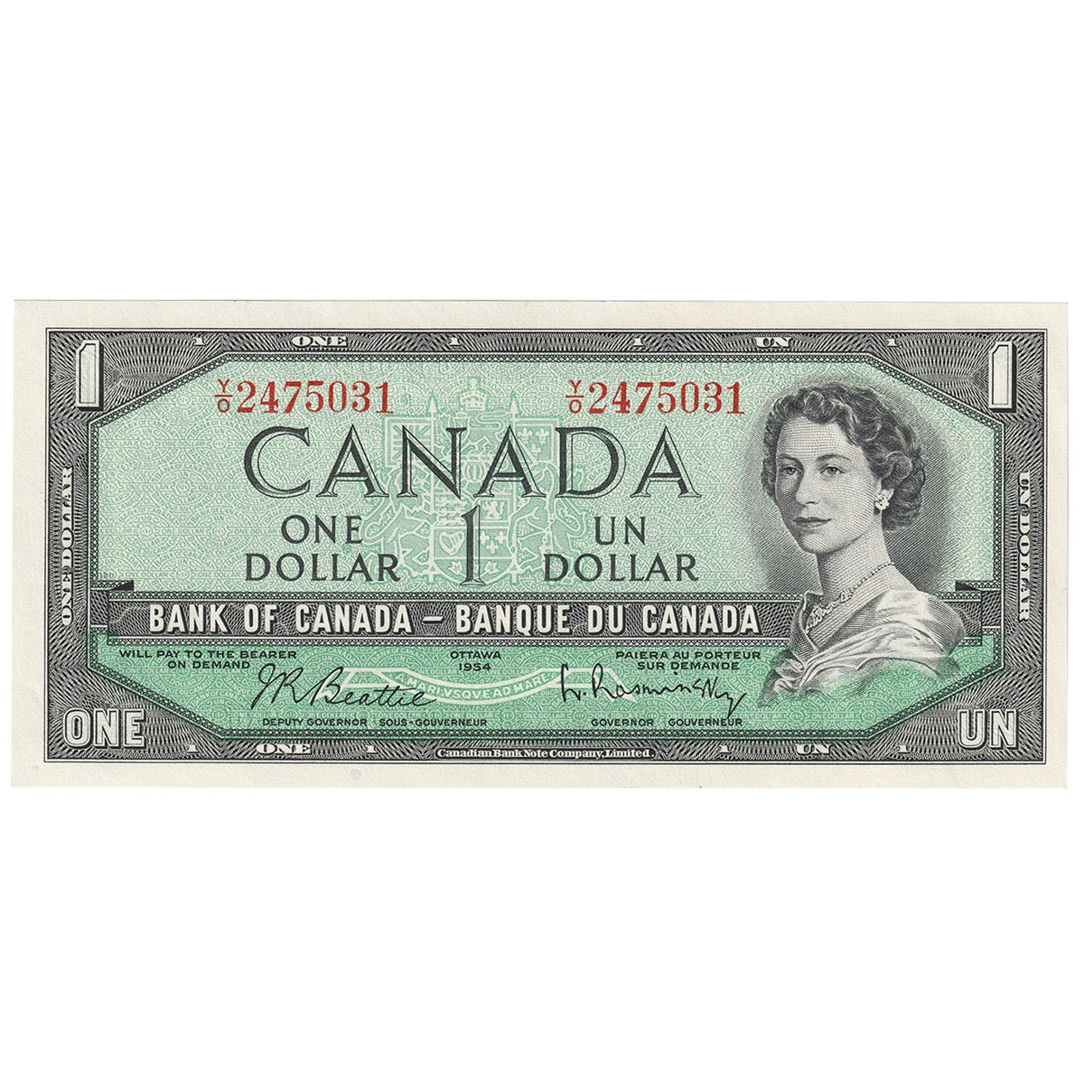 BC-37b 1954 Canada $1 Beattie-Rasminsky, Y/O, Uncirculated (MS60)