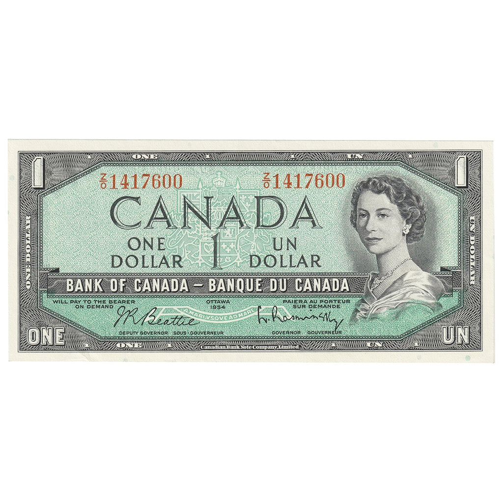 BC-37b 1954 Canada $1 Beattie-Rasminsky, Z/O, Almost Uncirculated (AU50)