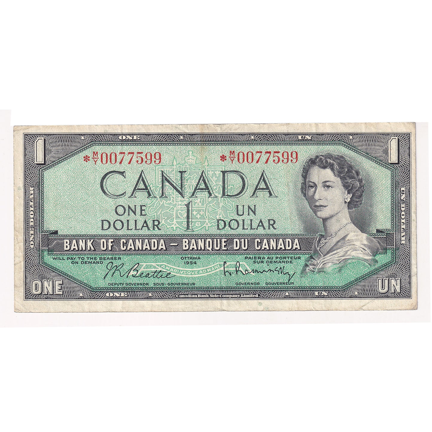 BC-37bA 1954 Canada $1 Beattie-Rasminsky, *M/Y, F-VF (F15)