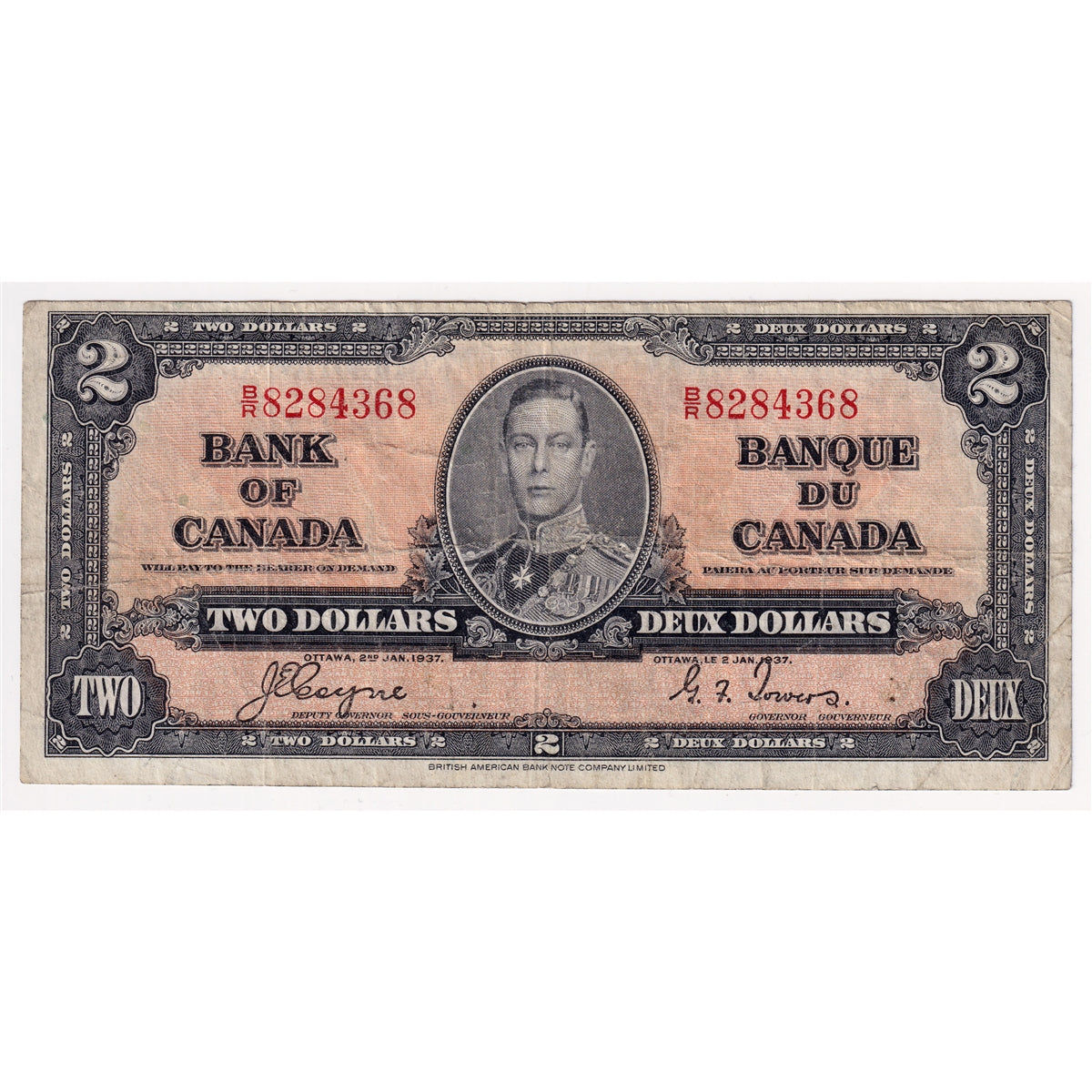 BC-22c 1937 Canada $2 Coyne-Towers, B/R, Fine (F12)