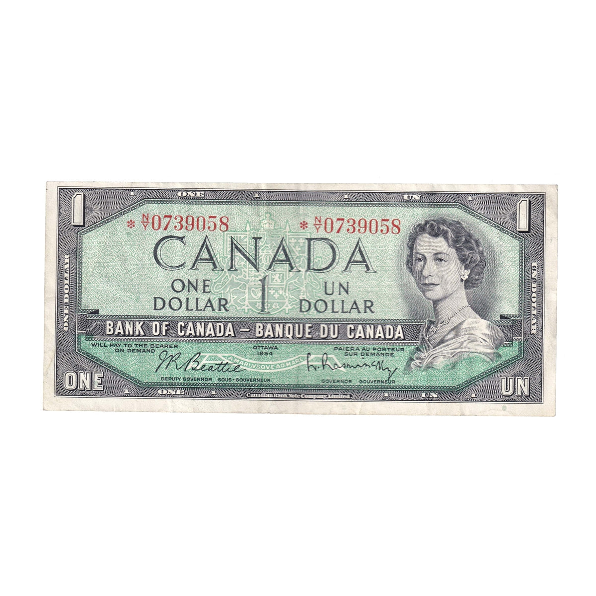 BC-37bA 1954 Canada $1 Beattie-Rasminsky, *N/Y, Very Fine (VF20)