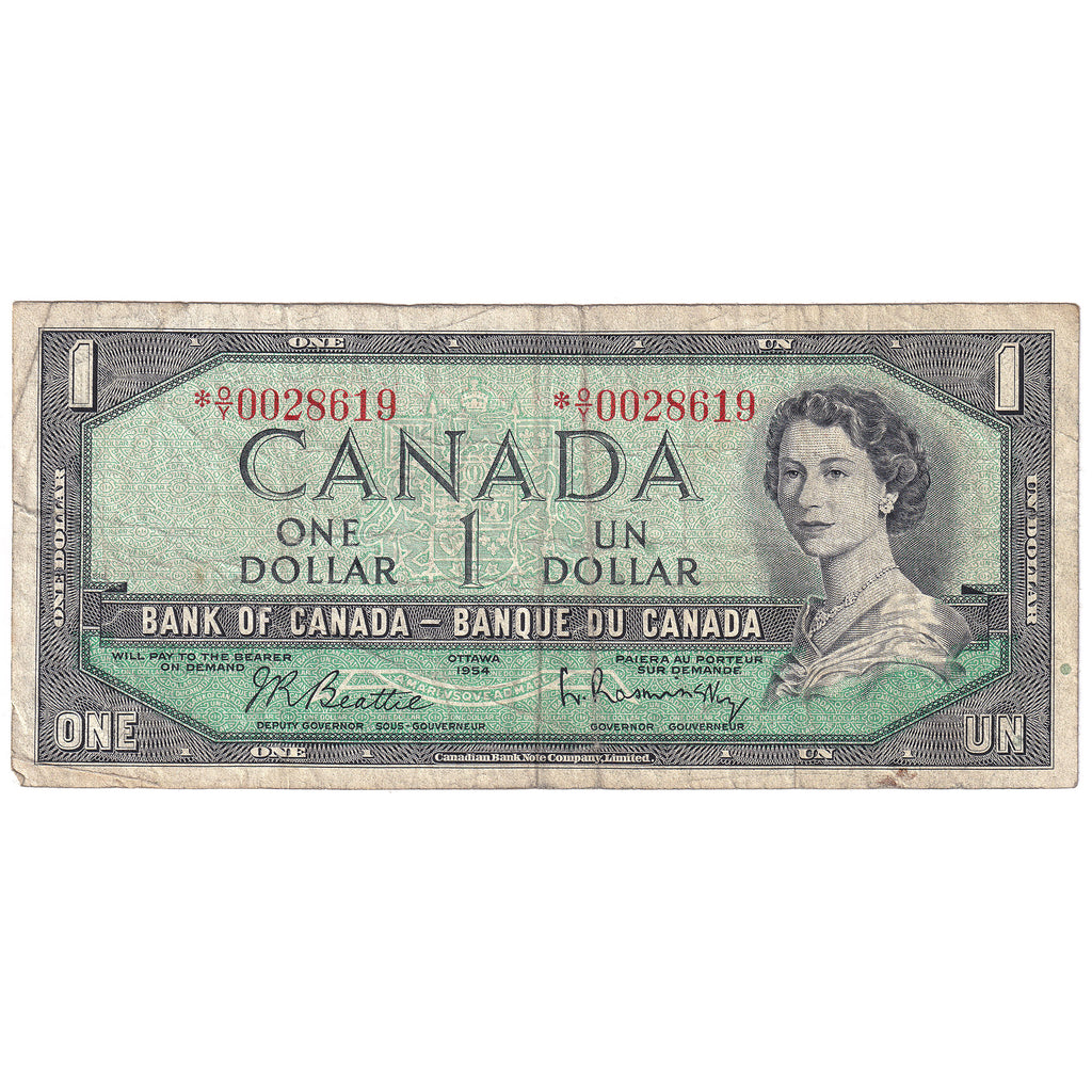 BC-37bA 1954 Canada $1 Beattie-Rasminsky, *O/Y, Fine (F12)