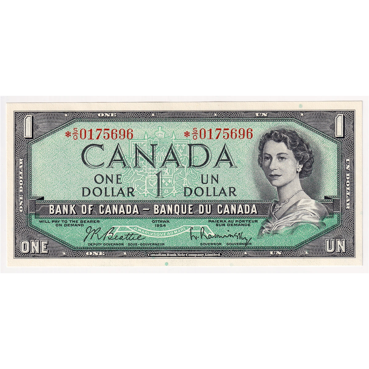 BC-37bA 1954 Canada $1 Beattie-Rasminsky, *S/O, Choice Uncirculated (CUNC63)