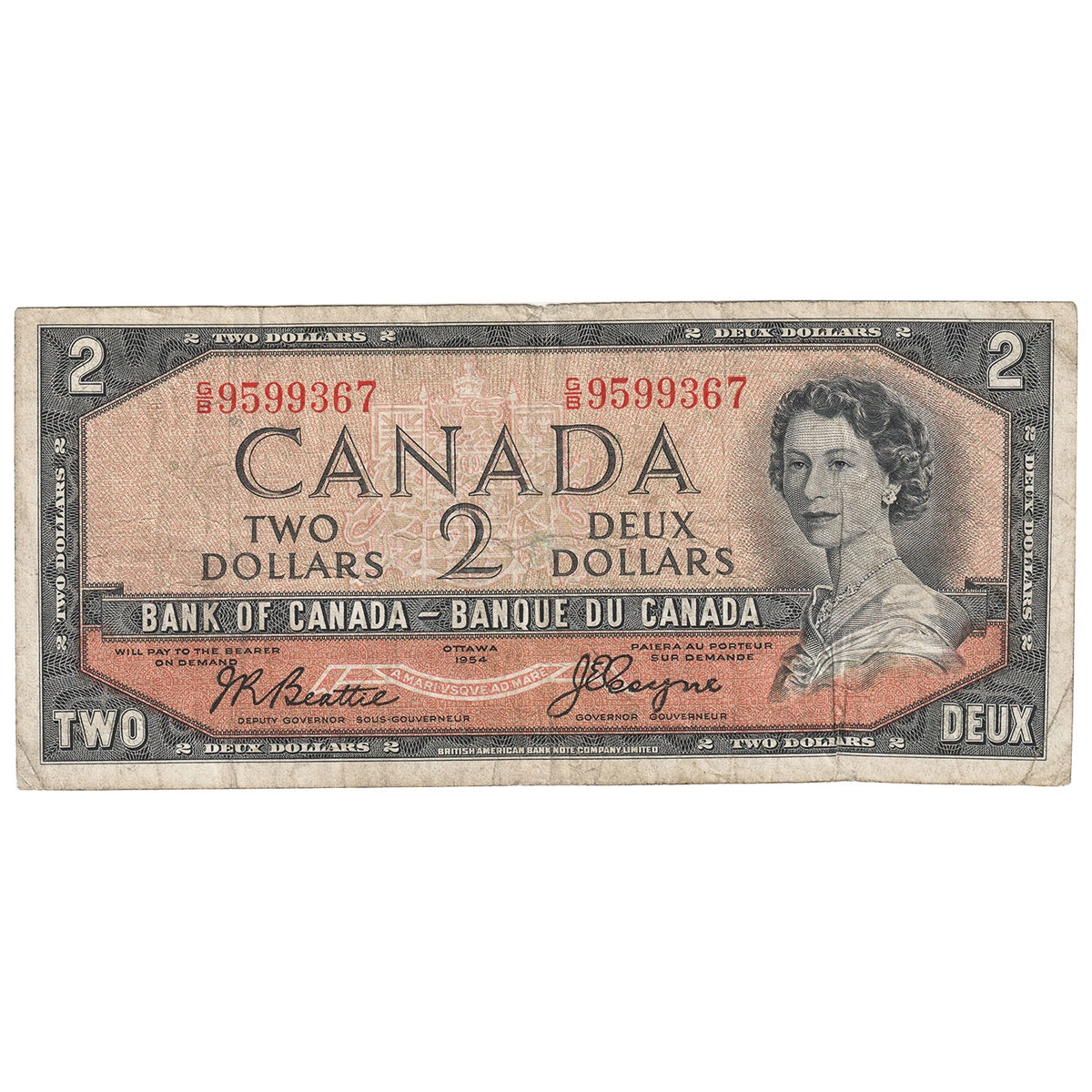 BC-30b 1954 Canada $2 Beattie-Coyne, Devil's Face, G/B, Fine (F12)