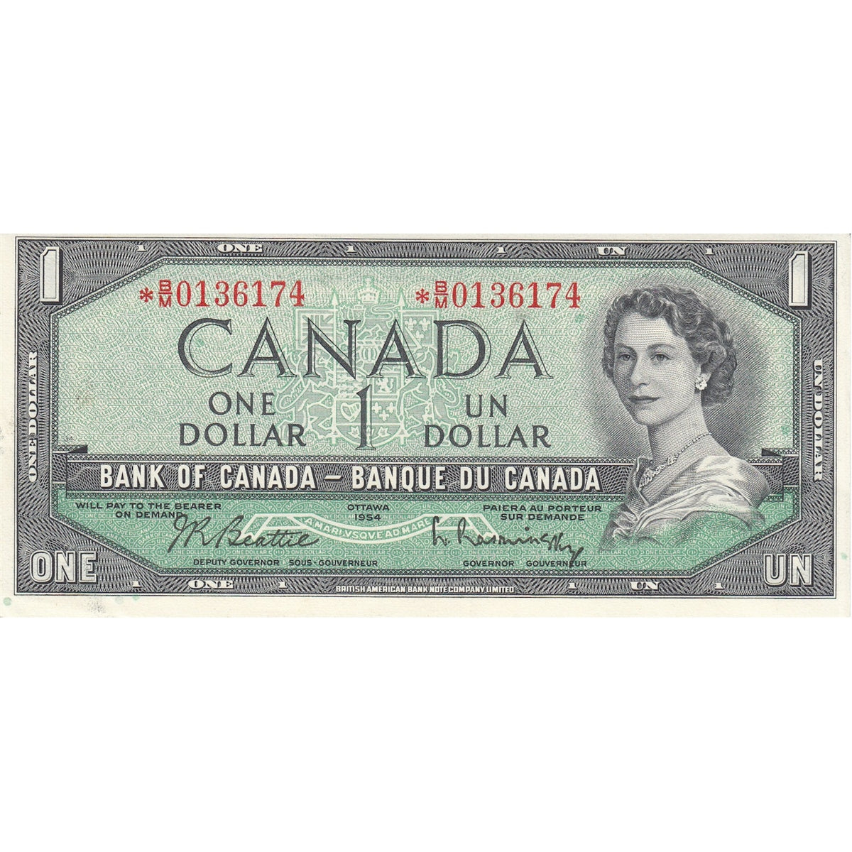 BC-37bA-i 1954 Canada $1 Beattie-Rasminsky, *B/M, EF-AU (EF45)