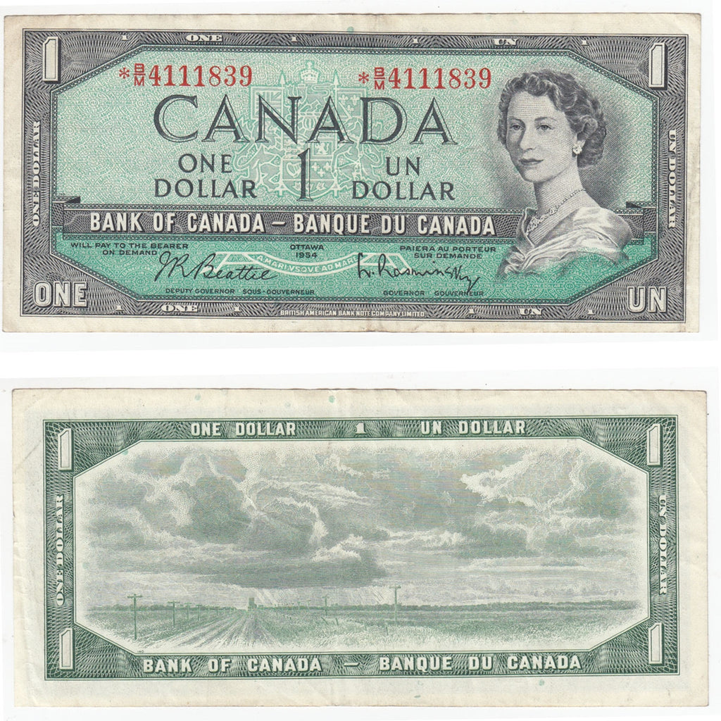 BC-37bA-i 1954 Canada $1 Beattie-Rasminsky, *B/M, Very Fine (VF20)
