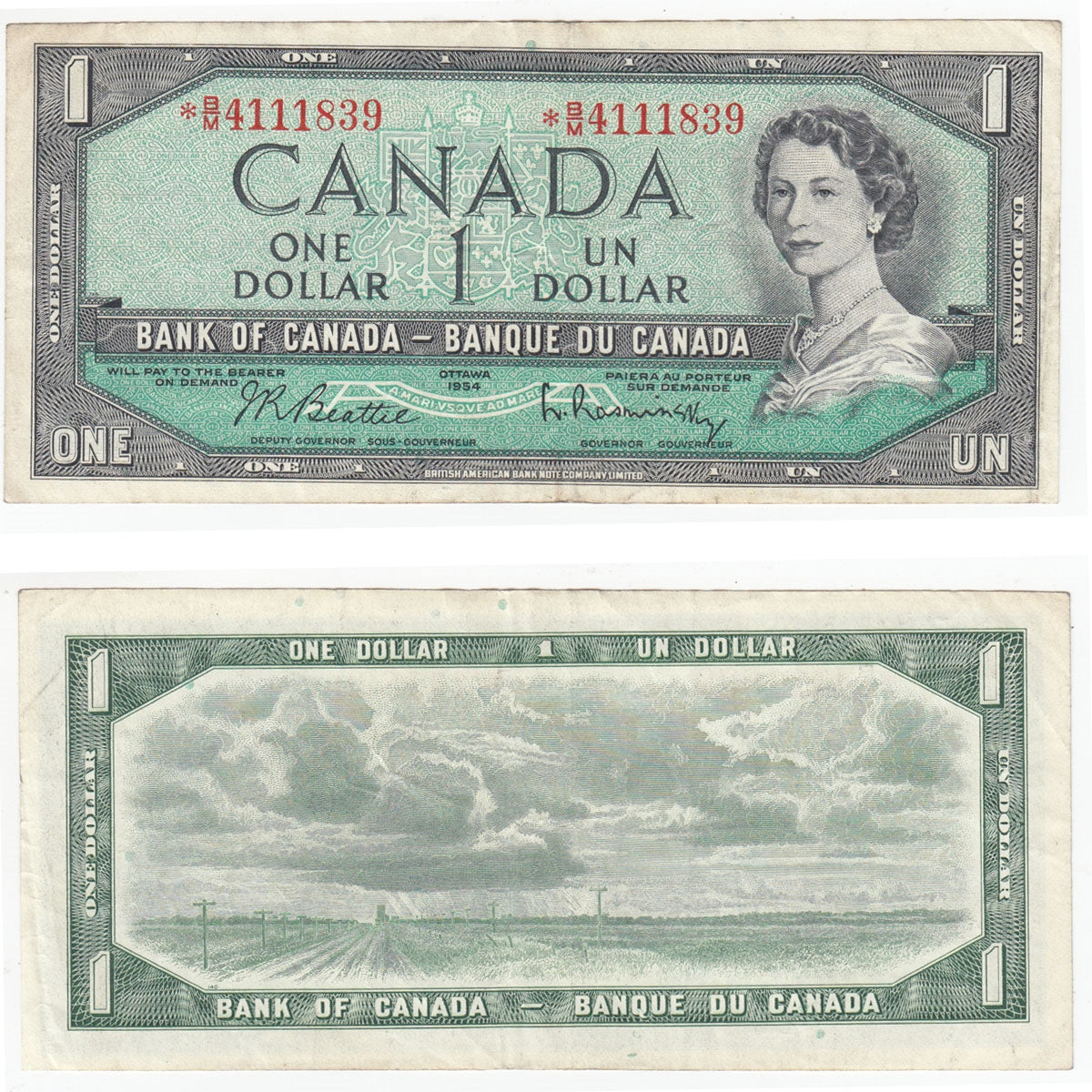 BC-37bA-i 1954 Canada $1 Beattie-Rasminsky, *B/M, Very Fine (VF20)