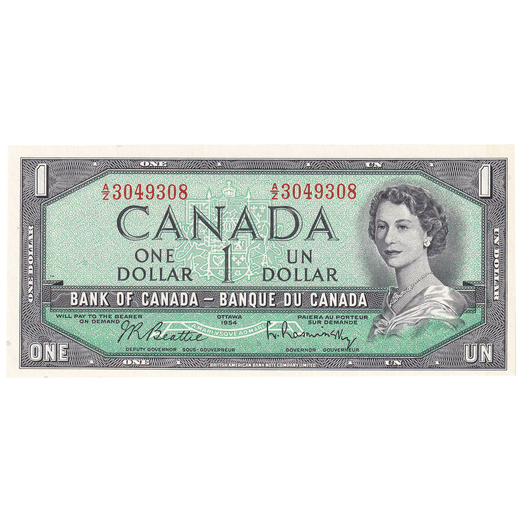 BC-37b-i 1954 Canada $1 Beattie-Rasminsky, A/Z, Uncirculated (MS60)