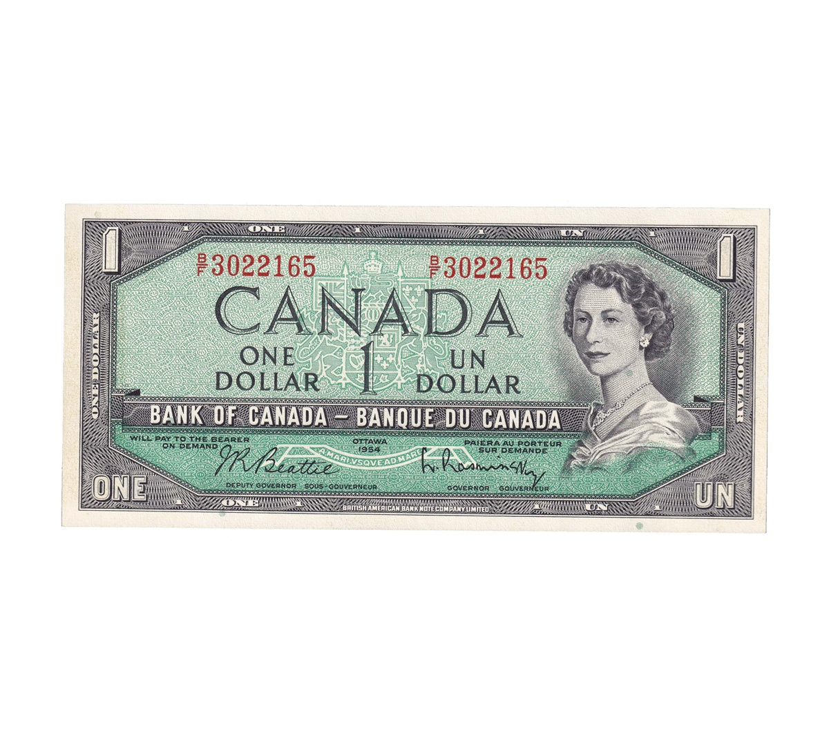 BC-37b-i 1954 Canada $1 Beattie-Rasminsky, B/F, Choice Uncirculated (CUNC63)