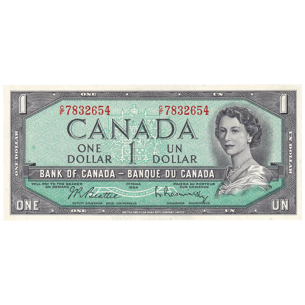 BC-37b-i 1954 Canada $1 Beattie-Rasminsky, C/F, Almost Uncirculated (AU50)