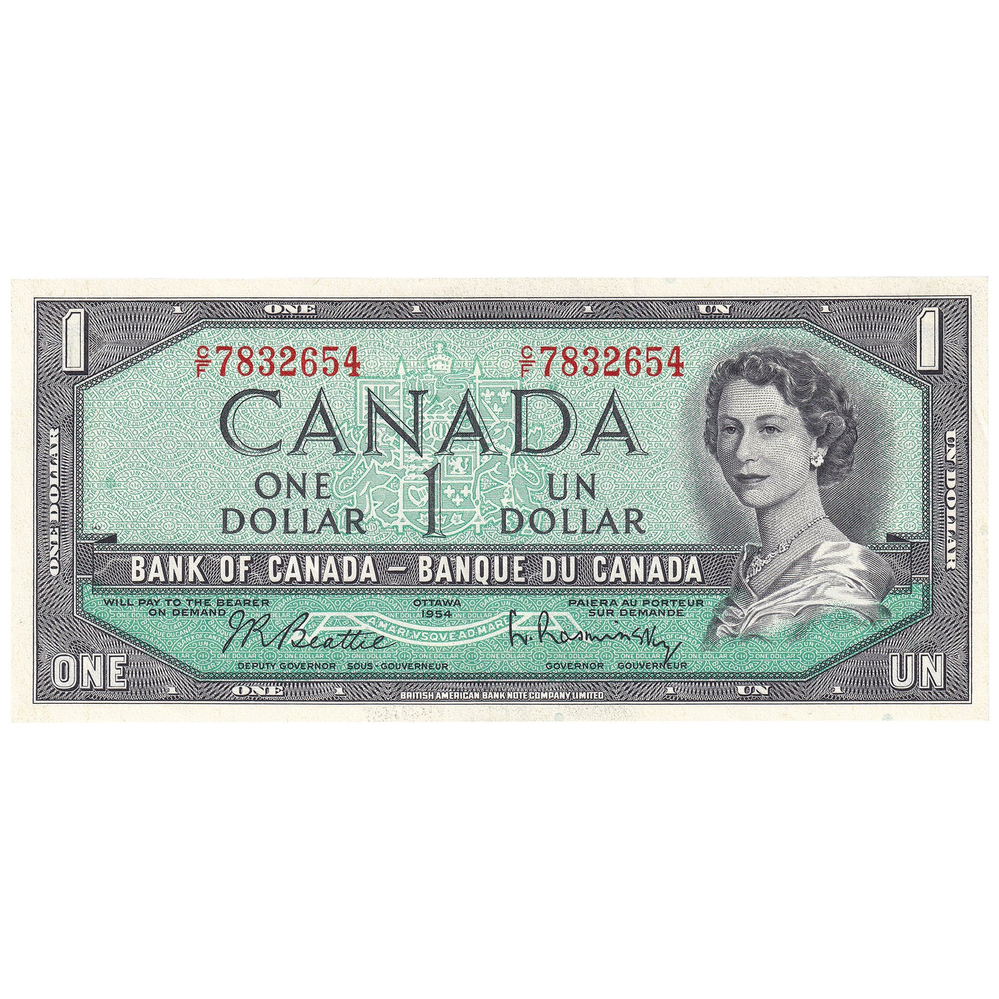 BC-37b-i 1954 Canada $1 Beattie-Rasminsky, C/F, Almost Uncirculated (AU50)