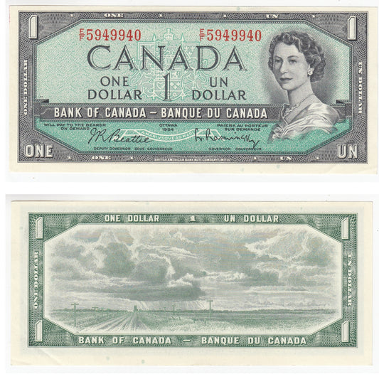 BC-37b-i 1954 Canada $1 Beattie-Rasminsky, E/F, AU-UNC (AU55)