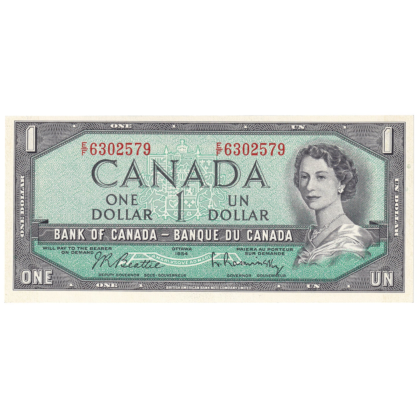 BC-37b-i 1954 Canada $1 Beattie-Rasminsky, E/F, Choice Uncirculated (CUNC63)