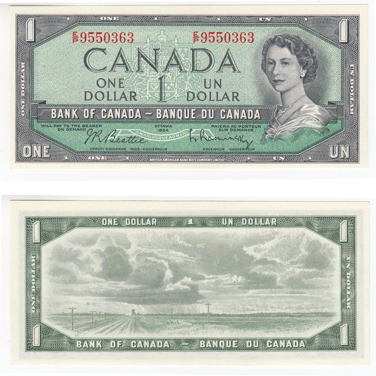 BC-37b-i 1954 Canada $1 Beattie-Rasminsky, E/P, Choice Uncirculated (CUNC63)