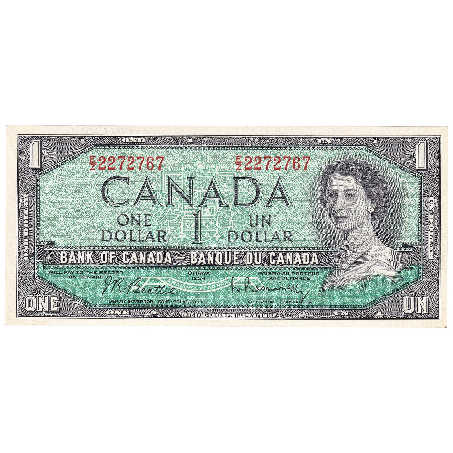BC-37b-i 1954 Canada $1 Beattie-Rasminsky, E/Z, Uncirculated (MS60)