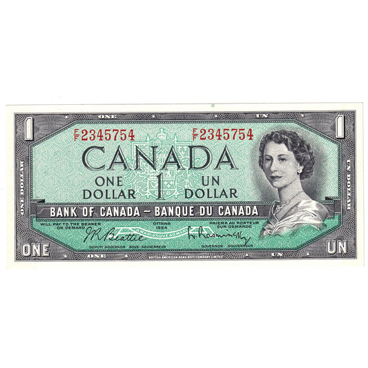 BC-37b-i 1954 Canada $1 Beattie-Rasminsky, F/F, Uncirculated (MS60)
