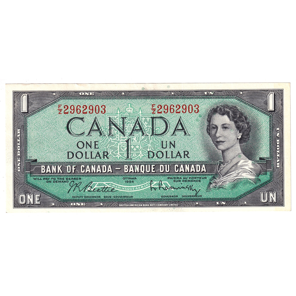 BC-37b-i 1954 Canada $1 Beattie-Rasminsky, F/Z, AU-UNC (AU55)