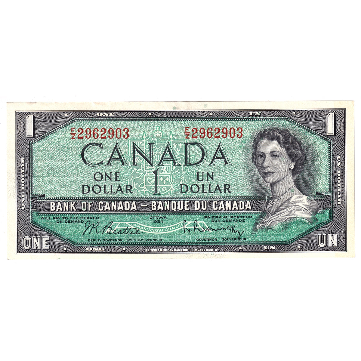 BC-37b-i 1954 Canada $1 Beattie-Rasminsky, F/Z, AU-UNC (AU55)