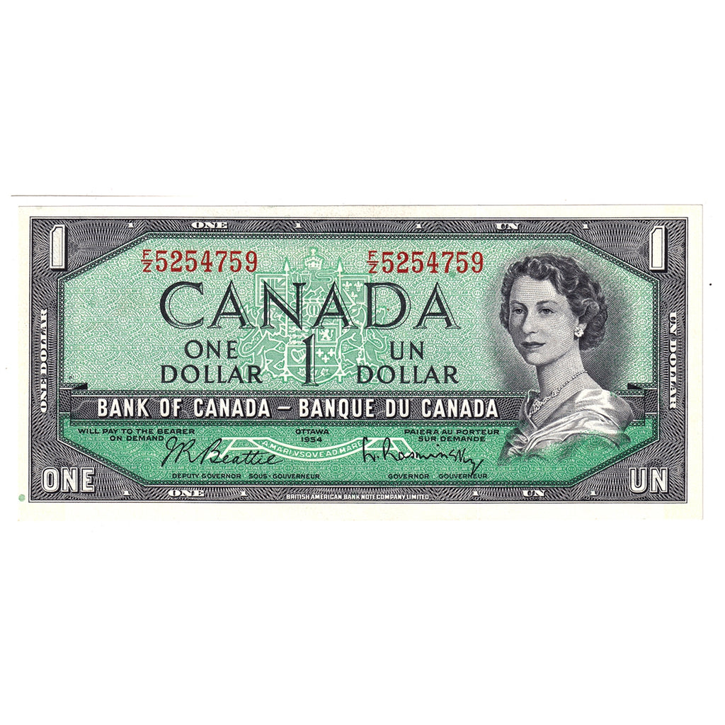 BC-37b-i 1954 Canada $1 Beattie-Rasminsky, F/Z, Choice Uncirculated (CUNC63)