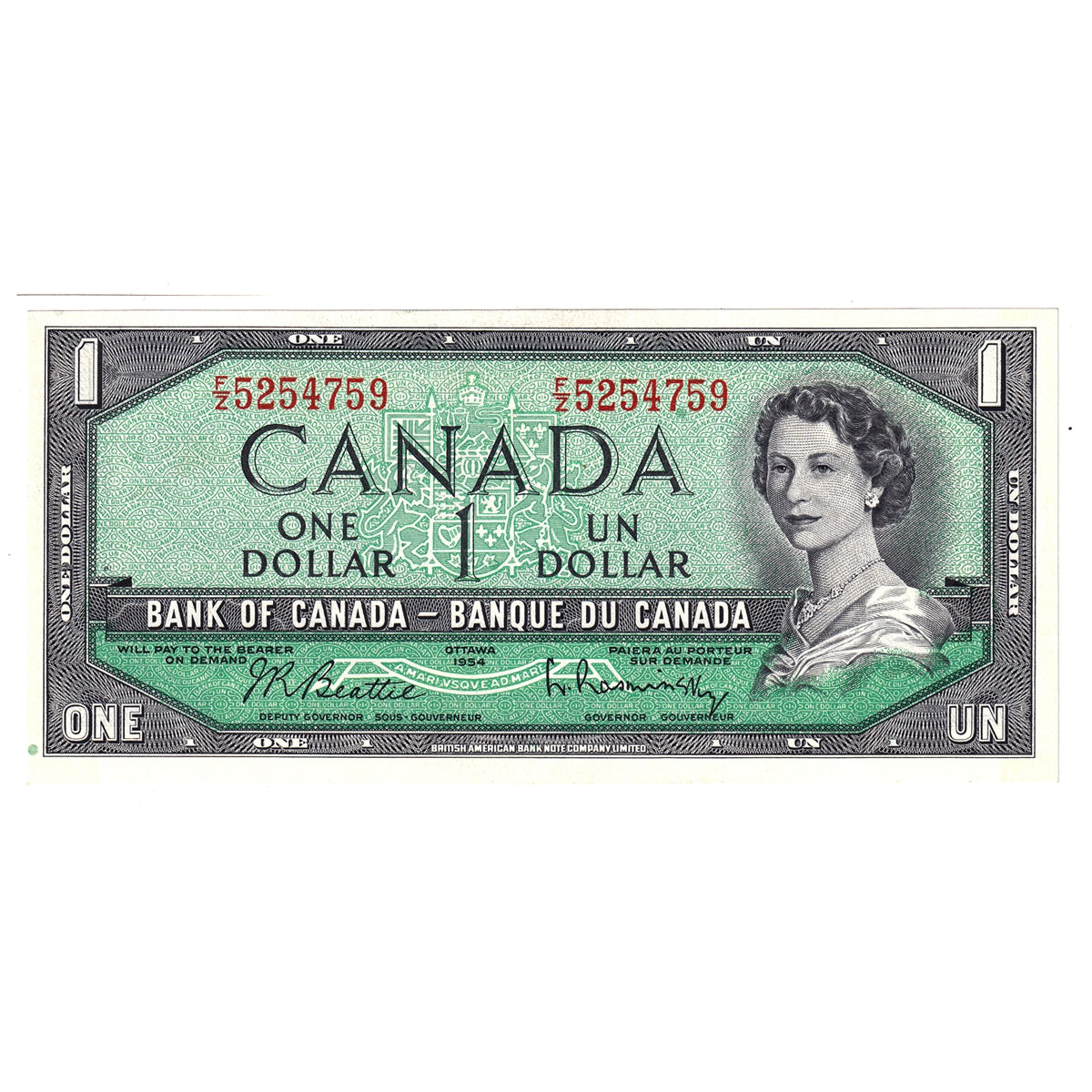 BC-37b-i 1954 Canada $1 Beattie-Rasminsky, F/Z, Choice Uncirculated (CUNC63)