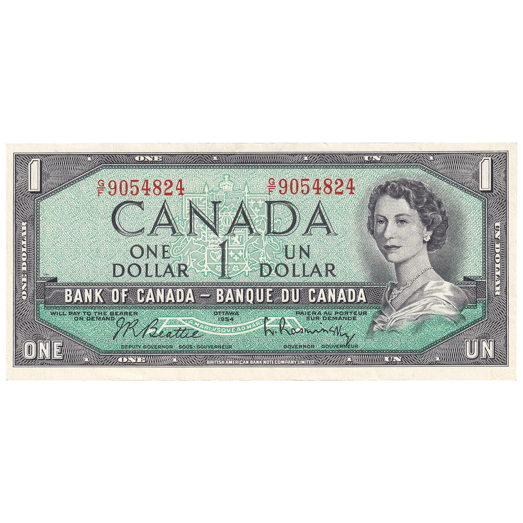 BC-37b-i 1954 Canada $1 Beattie-Rasminsky, G/F, Almost Uncirculated (AU50)