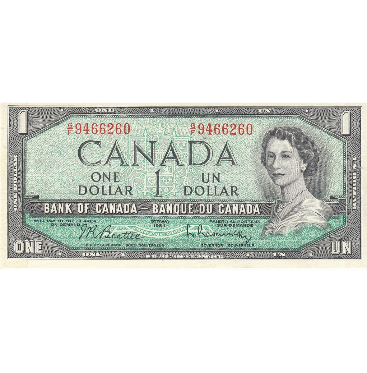 BC-37b-i 1954 Canada $1 Beattie-Rasminsky, G/F, Uncirculated (MS60)