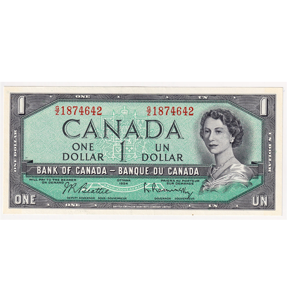 BC-37b-i 1954 Canada $1 Beattie-Rasminsky, G/Z, Almost Uncirculated (AU50)