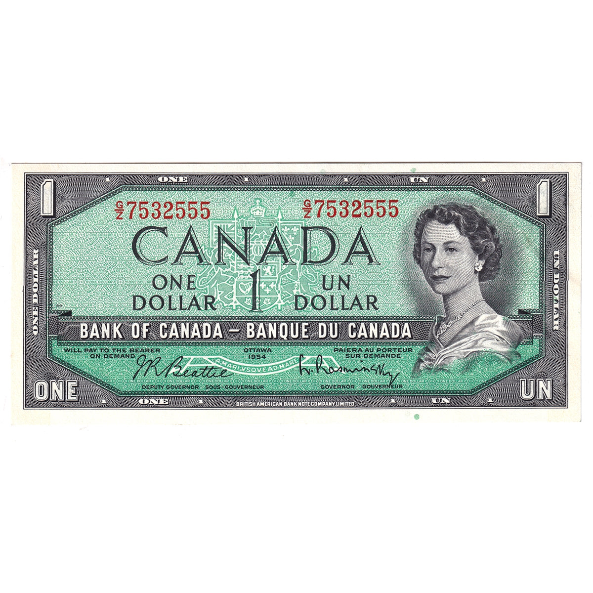 BC-37b-i 1954 Canada $1 Beattie-Rasminsky, G/Z, Uncirculated (MS60)