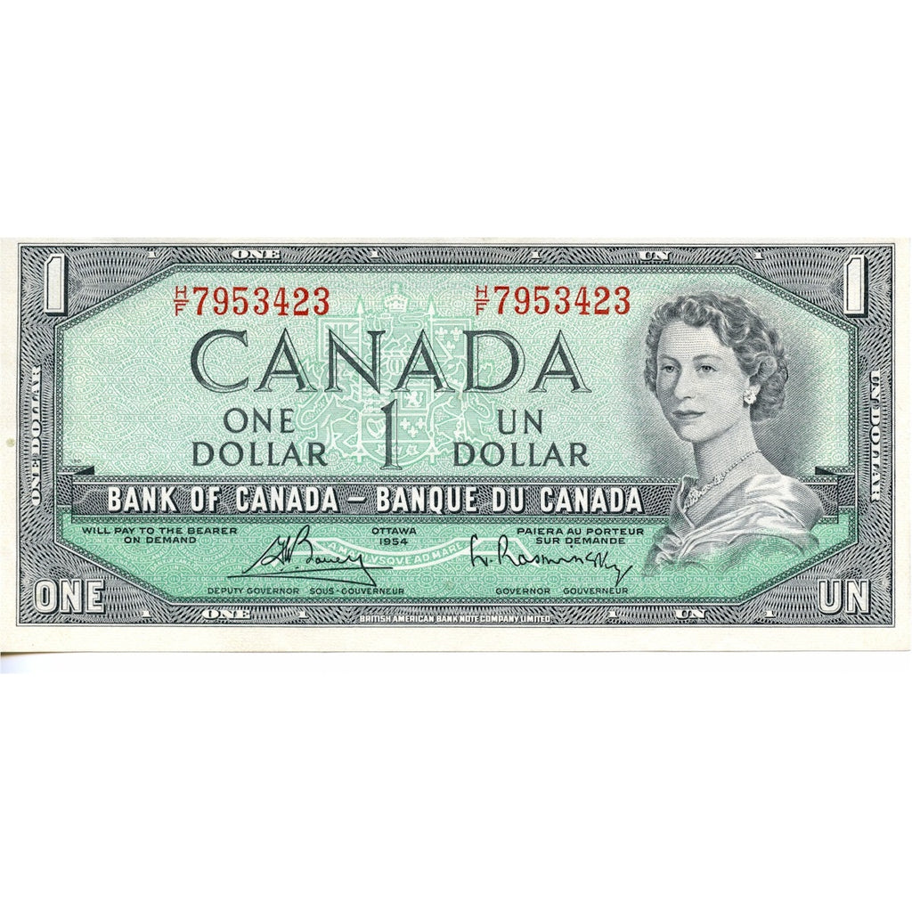 BC-37b-i 1954 Canada $1 Beattie-Rasminsky, H/F, Almost Uncirculated (AU50)