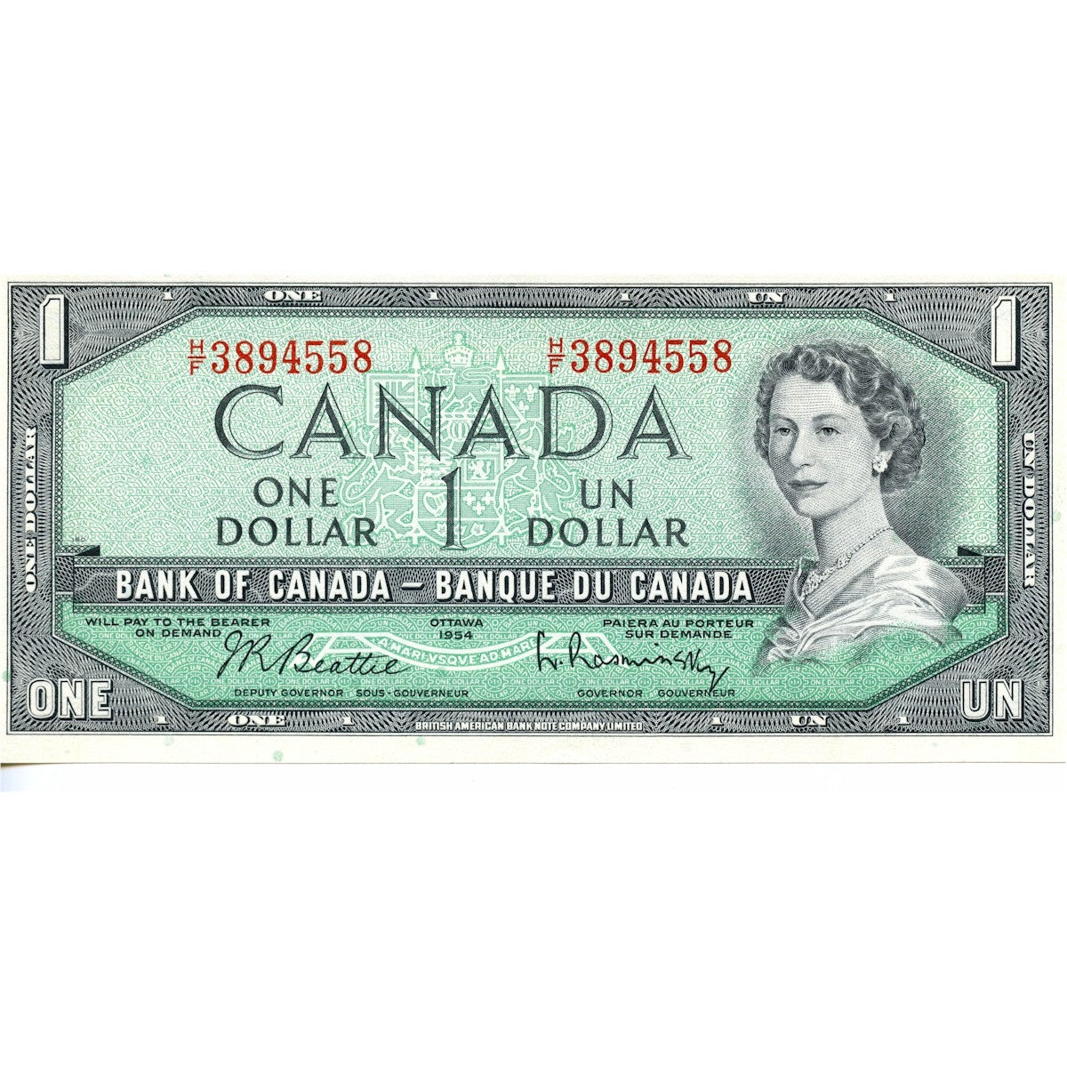 BC-37b-i 1954 Canada $1 Beattie-Rasminsky, H/F, Choice Uncirculated (CUNC63)