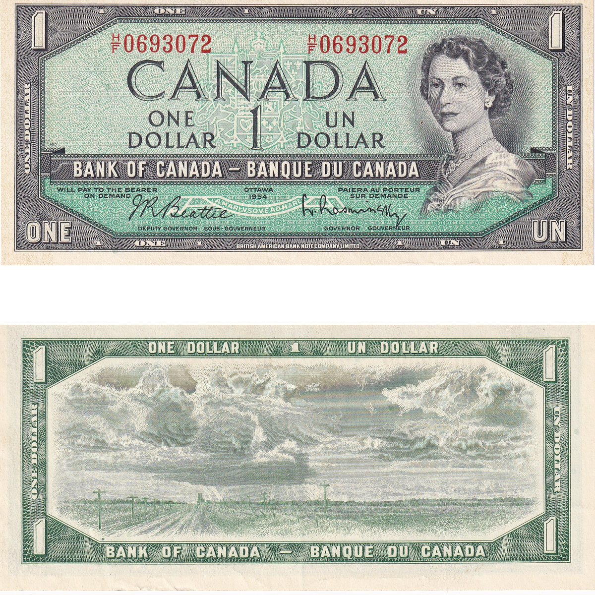 BC-37b-i 1954 Canada $1 Beattie-Rasminsky, H/F, EF-AU (EF45)